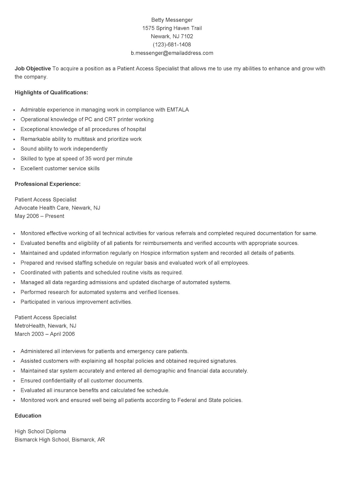 Sample resume for recreation program